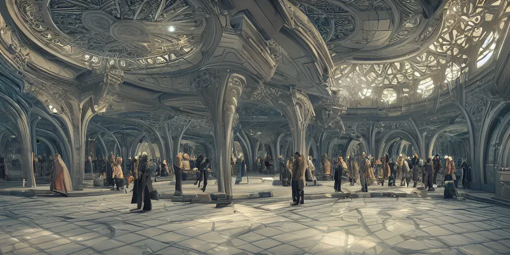 Prompt: cinematic movie scene, 200mm wide shot, precise architectural rendering, interior of a sci-fi space station with ornate art nouveau architecture, bustling with people and flying cars, gothic architecture, emerald, crystalline, detailed illustration, sharp focus, concept art, unreal engine, octane render, god rays H 768
