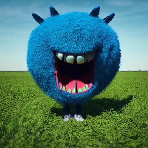 Image similar to a blue monster with its mouth open in the middle of a field, a 3 d render by mike winkelmann, trending on behance, funk art, behance hd, rendered in cinema 4 d, rendered in maya