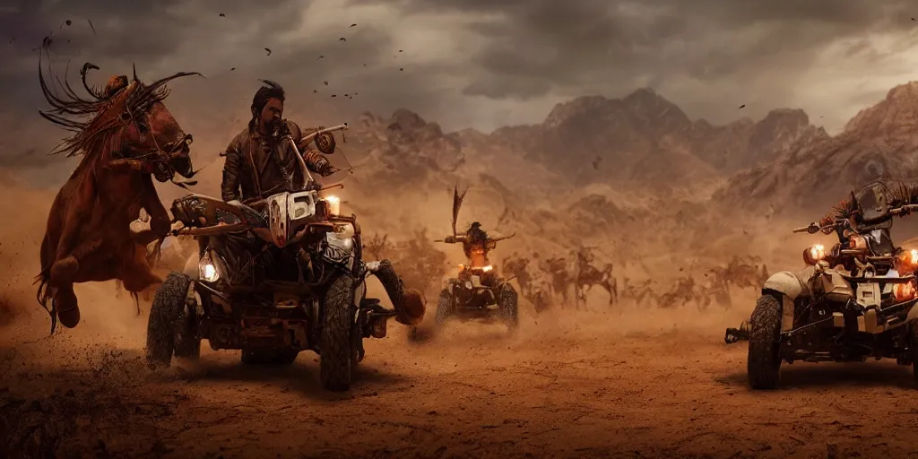 Prompt: indian on wooden native atv attacking bufallos, action scene, an epic fantasy, dramatic lighting, cinematic, establishing shot, extremely high detail, photorealistic, cinematic lighting, artstation, octane render, old photo, buffalo hunt movie, alpha movie, western