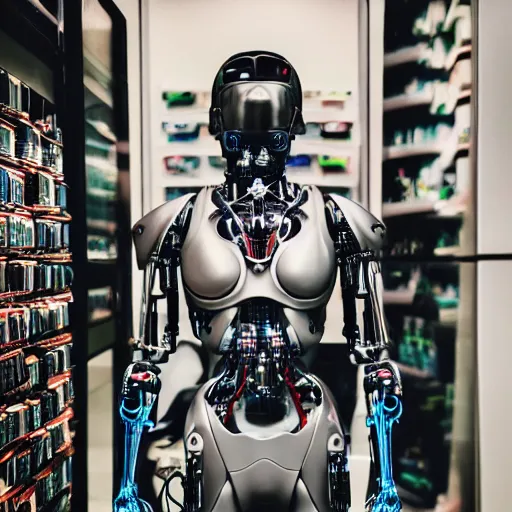 Image similar to photo of a human cyborg!! in sale, in a store display, hiding a dark secret, highly detailed face, cyberpunk, year 3022, !!!medium full shot!!!, depth of field, ISO 300, aperture f11, 1/100 obturation speed