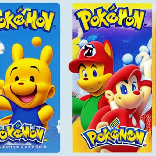 Image similar to photograph of winnie the pooh and super mario and sonic the hedgehog anime style, on pokemon card packs at target