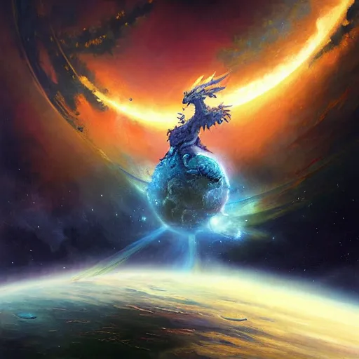 Prompt: Chrystalline blue dragon devouring a planet in space, sun system, nebula, oil painting, by Fernanda Suarez and Edgar Maxence and Greg Rutkowski