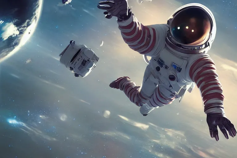 Prompt: astronaut chasing a distant spaceship Anime, wide angle, fine details, cinematic. galaxy starscape. realistic shaded lighting by Ilya Kuvshinov Giuseppe Dangelico Pino and Michael Garmash and Rob Rey greg rutkowski, octane render, IAMAG premiere, aaaa achievement collection, elegant freckles, cinematic hologram, fabulous, daily deviation, annual award winner