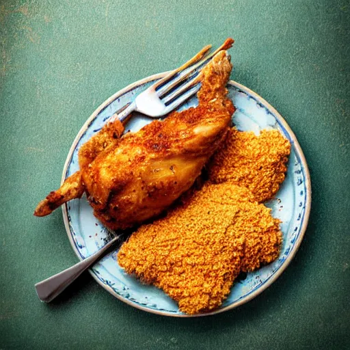 Image similar to chicken fried on a computer cpu chip, food, photograph, poster, orthographic