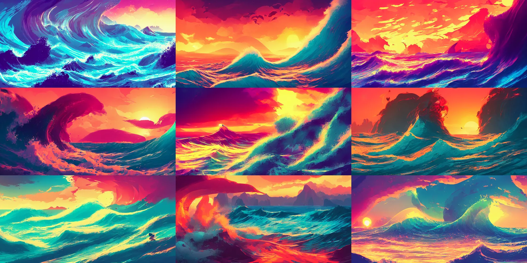 Prompt: waves crashing in the sea at the sunset, vibrant, complimentary color scheme, digital art, illustration, aesthetic, artstation, 4 k, anton fadeev