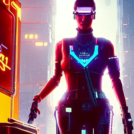 Image similar to film still of mary elizabeth winstead with cybernetic enchancments in cyberpunk 2 0 7 7 ( 2 0 2 4 )