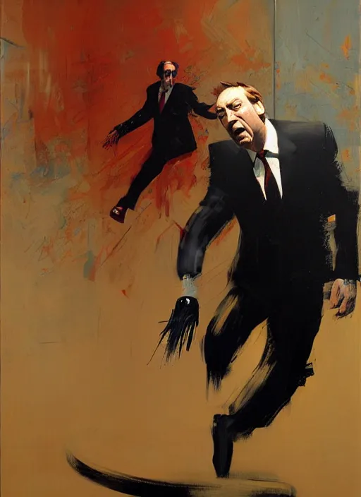 Image similar to saul goodman running, screaming, painting by phil hale, fransico goya, david lynch,'action lines '!!!, graphic style, visible brushstrokes, motion blur, blurry