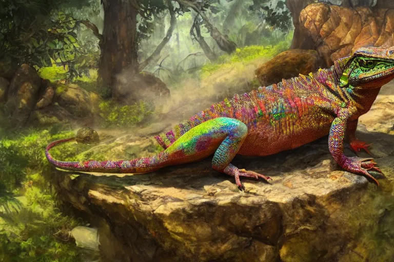 Image similar to highly detailed oil painting of a crytal lizard sitting in a steaming colorful hotspring with woodland forest backdrop, featured on artstation