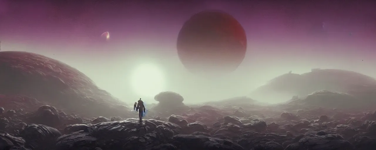 Image similar to ” outer planet with thick fog and alien artefacts, [ cinematic, detailed, epic, widescreen, opening, establishing, mattepainting, photorealistic, realistic textures, octane render, art by paul lehr ] ”