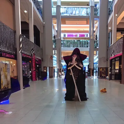 Image similar to security camera footage of a witch performing a complex ritual in the middle of a mall, eerie light