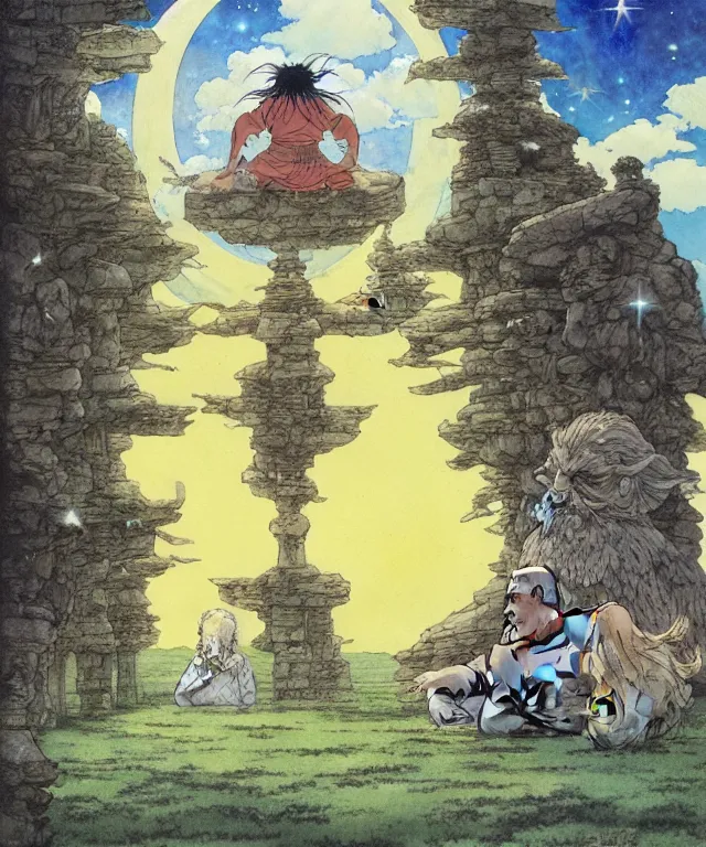 Image similar to a hyperrealist studio ghibli watercolor fantasy concept art. in the foreground is a giant long haired grey warlock sitting in lotus position on top of stonehenge with shooting stars all over the sky in the background. by rebecca guay, michael kaluta, charles vess