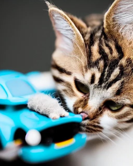 Prompt: high quality presentation photo of a cat biting a toy car, photography 4k, f1.8 anamorphic, bokeh, 4k, Canon, Nikon