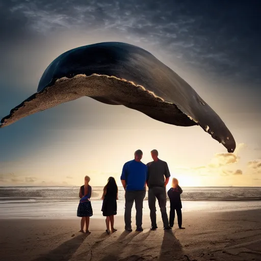 Prompt: family photograph in front of a decaying beached whale, dawn light, high resolution, dramatic