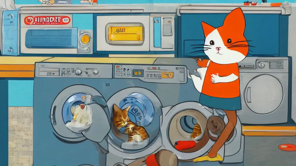 Prompt: cat sitting on top of a washing machine in a laundromat by Richard Scarry illustration