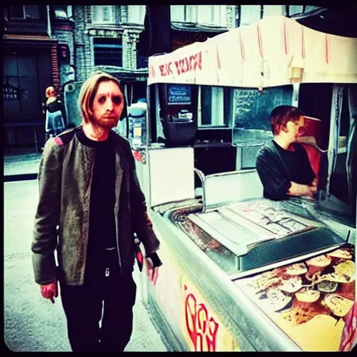 Image similar to “ thom yorke is buying ice - cream at the dirty ice - cream booth in the street, movie screenshot, cinematic, epic, dramatic ”