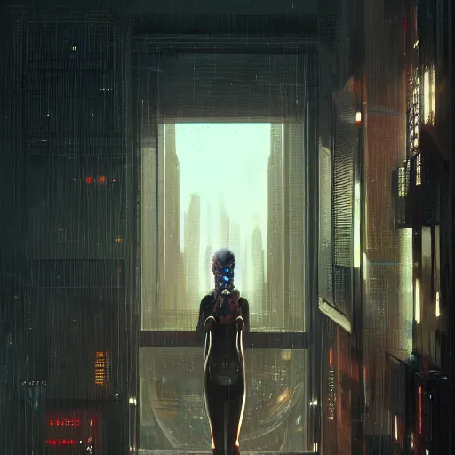 Image similar to portrait of cyberpunk woman looking out of a window, cyberpunk setting, futuristic, highly detailed, intricate lighting, digital painting, sharp focus, illustration, trending on artstation, art by greg rutkowski.