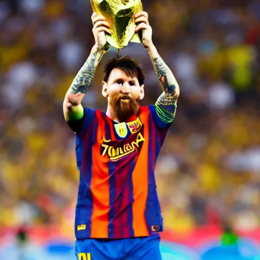 Prompt: Lionel Messi holding the Fifa World Cup