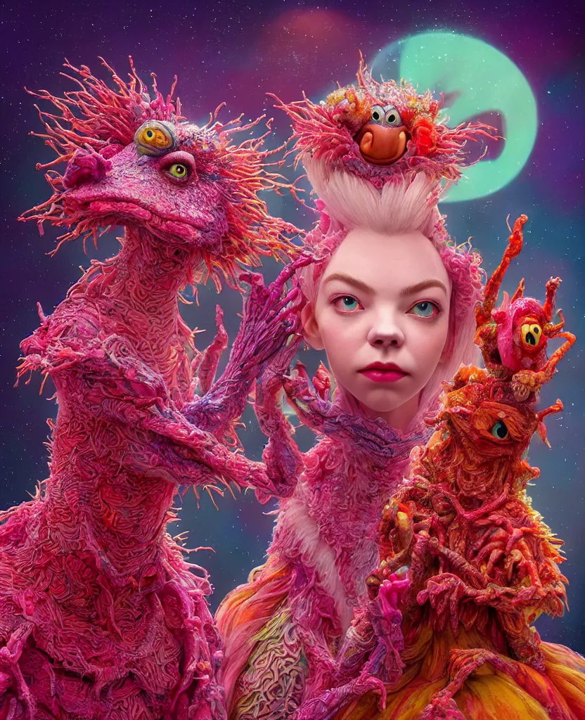 Image similar to hyper detailed 3d render like a Oil painting - kawaii portrait of two Aurora (a beautiful skeksis muppet fae princess protective playful expressive from dark crystal that looks like Anya Taylor-Joy) seen red carpet photoshoot in UVIVF posing in scaly dress to Eat of the Strangling network of yellowcake aerochrome and milky Fruit and His delicate Hands hold of gossamer polyp blossoms bring iridescent fungal flowers whose spores black the foolish stars by Jacek Yerka, Ilya Kuvshinov, Mariusz Lewandowski, Houdini algorithmic generative render, golen ratio, Abstract brush strokes, Masterpiece, Edward Hopper and James Gilleard, Zdzislaw Beksinski, Mark Ryden, Wolfgang Lettl, hints of Yayoi Kasuma and Dr. Seuss, octane render, 8k