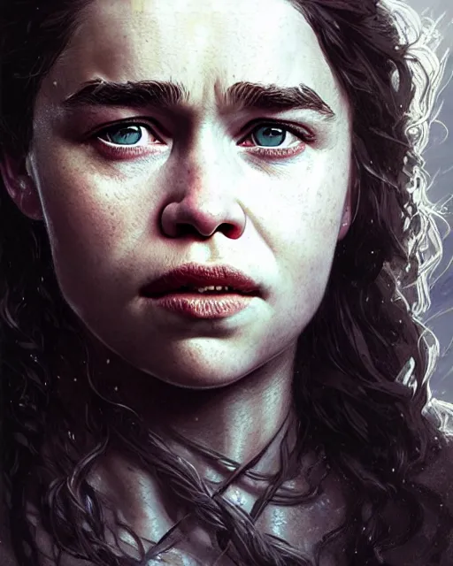 Image similar to emilia clarke teenage, character portrait, portrait, close up, concept art, intricate details, highly detailed by greg rutkowski, michael whelan and gustave dore