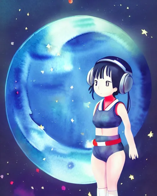 Image similar to oriental water color of a cute thicc female astronaut, floating through space, backlit, realistic anime, trending on pixiv