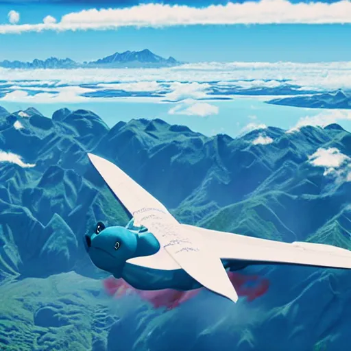 Image similar to sully from monsters inc flying above new zealand landscapes