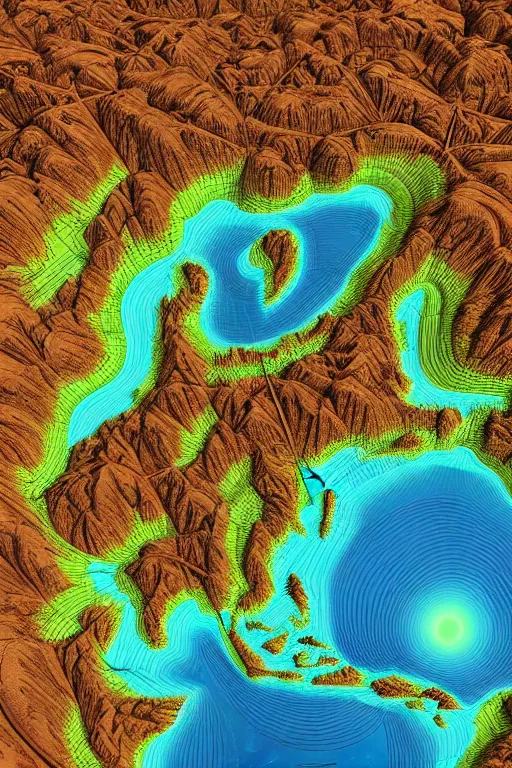 Prompt: a stunning 3 d map of an extraterrestrial territory with 3 d landmarks, award winning behance digital art, earth tones, geometric lines