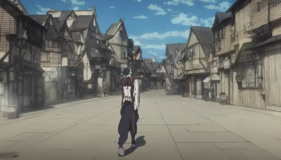 Prompt: Camera focusing on Ais-Wallenstein • walking through the middle of an isekai town street • cinematic anime screenshot by the Studio JC STAFF