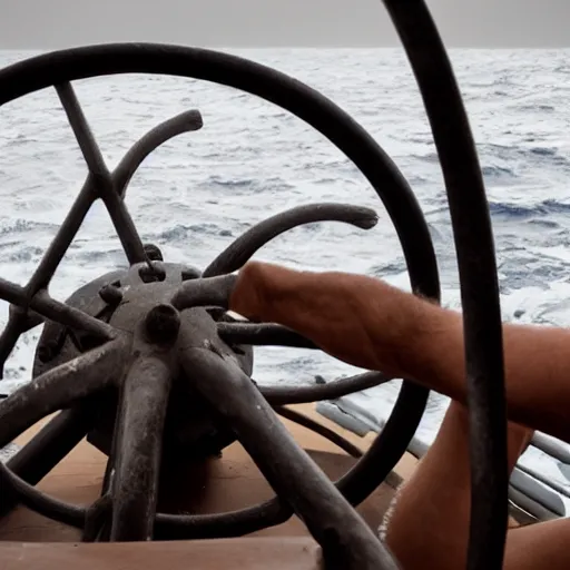 Image similar to man holding the ship's wheel during a storm at sea