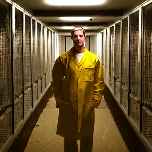 Prompt: flash low quality photograph of a male scientist wearing a lab coat standing lost in the backrooms, mustard - yellow old moldy moist carpet room, empty liminal space, very dark shadows, broken fluorescent lighting, horror movie scene, film grain