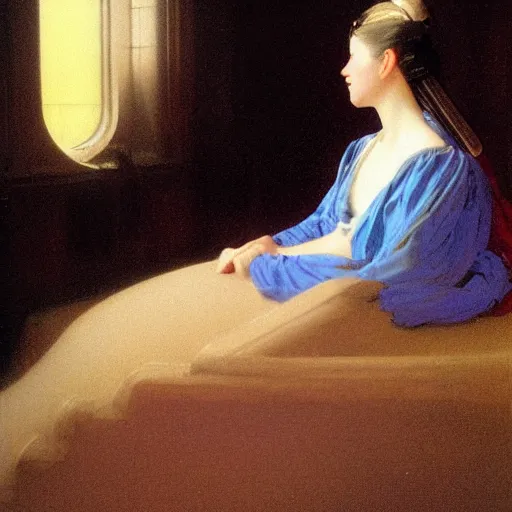 Prompt: a young woman's face, her hair is white and she wears a cobalt blue satin cloak, by ivan aivazovsky and syd mead and moebius and gaston bussiere and roger dean and pieter claesz and paul delaroche and alma tadema and aelbert cuyp and ilya repin, hyperrealistic, volumetric light, octane render