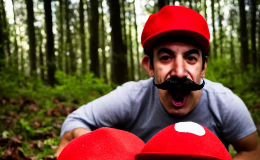 Image similar to italian man with a mustache dressed as mario wearing a solid red mario hat, crawling on the ground, eyes rolled back, licking a red mushroom with white spots, in a forest, photography, 5 0 mm lens, f 1. 8