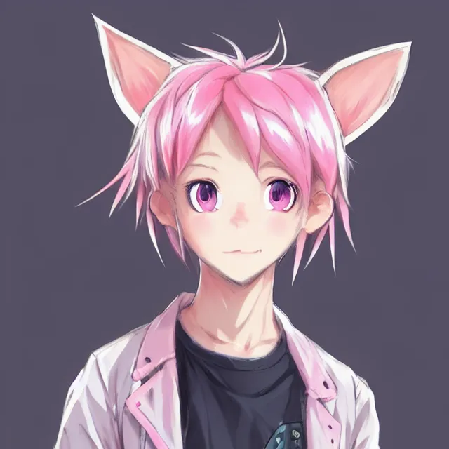 Prompt: character concept art of a cute anime boy with pink hair and pink wolf ears and freckles | | cute - fine - face, pretty face, key visual, realistic shaded perfect face, fine details by stanley artgerm lau, wlop, rossdraws, james jean, andrei riabovitchev, marc simonetti, and sakimichan, trending on artstation