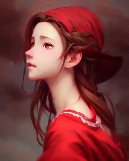 Image similar to aerith gainsborough in red cottagecore dress, portrait, illustration, rim light, top light, overcast cloudy weather, perfectly shaded, soft painting, art by krenz cushart and wenjun lin