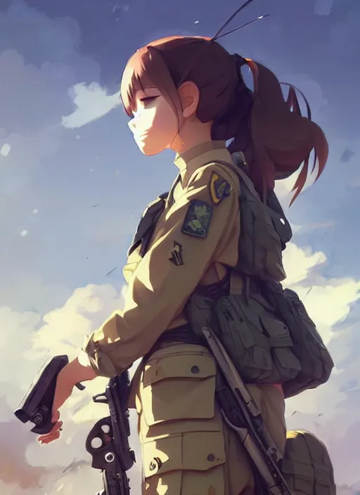 Image similar to portrait of cute soldier girl, cloudy sky background lush landscape illustration concept art anime key visual trending pixiv fanbox by wlop and greg rutkowski and makoto shinkai and studio ghibli and kyoto animation soldier clothing military gear realistic anatomy mechanized modern warfare arknights