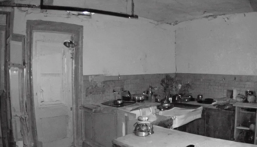 Prompt: a snake in a stalinist style kitchen, by mini dv camera, very very low quality, heavy grain, very blurry, accidental flash, webcam footage, found footage, security cam, caught on trail cam