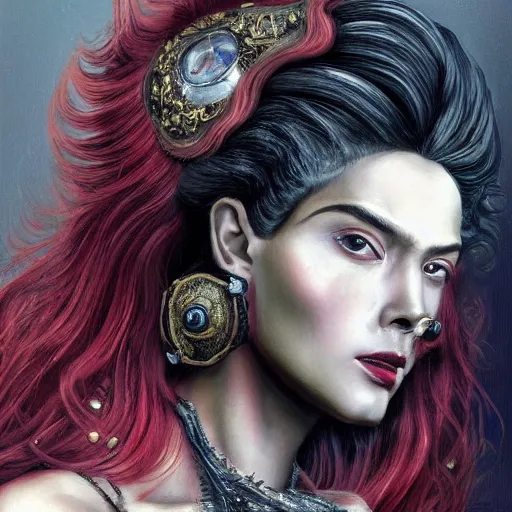 Prompt: portrait, headshot, insanely nice hair style, dramatic hair color, digital painting, of a old 17th century, old cyborg lawyer, Ruby's and Diamonds, black pearls, baroque, ornate clothing, scifi, realistic, hyperdetailed, chiaroscuro, concept art, art by Franz Hals and Jon Foster and Ayami Kojima and Amano and Karol Bak,