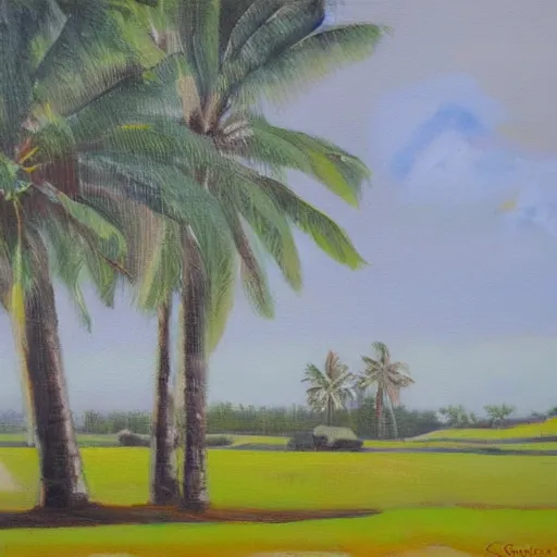 Image similar to winter landscape with large coconut trees, painting oil on board by olaf krans