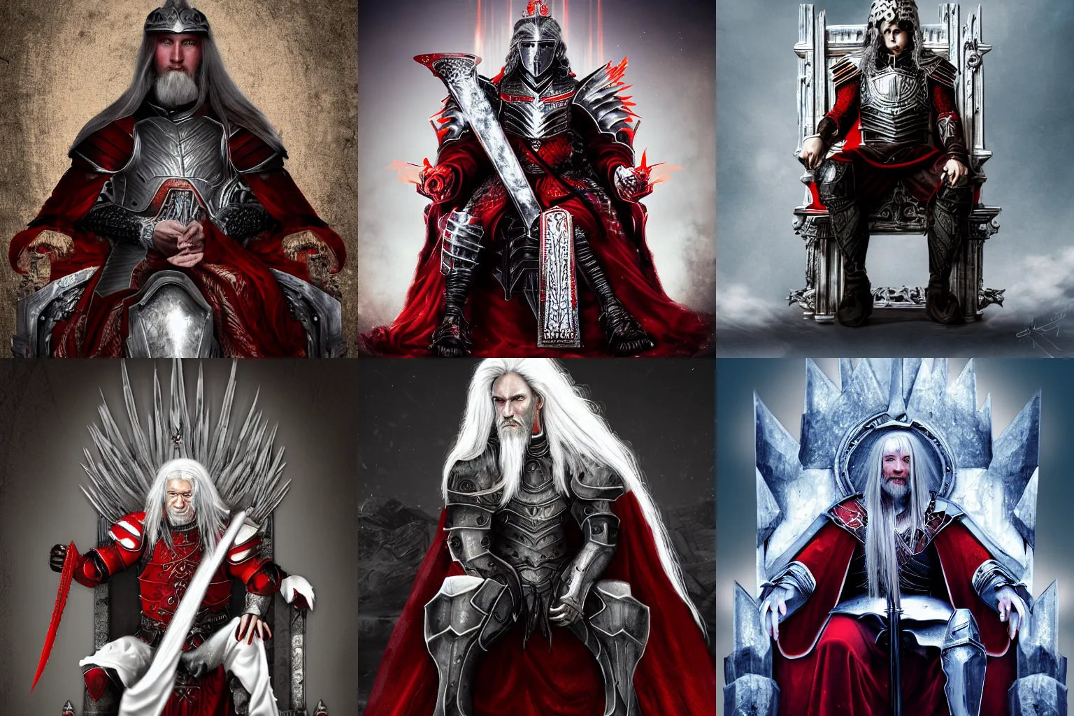 Prompt: Man with long white hair and red eyes wearing armor sitting on a throne, digital art, 4K