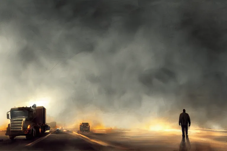 Prompt: epic concept art of an approaching truck and a man standing still. close - up man in foreground. backlight. rim light, strong contrast. by ashley wood and j. m. w. turner, speed painting, photo bash, cinematic angle, super detailing, strong perspective, traffic accident, haze over the shoulder shot