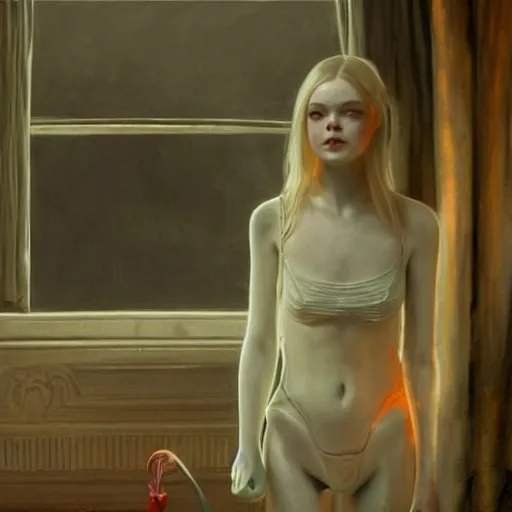 Prompt: Elle Fanning pulling a skeleton from its grave at night in the world of Edward Hopper, stormy weather, extremely detailed masterpiece, oil on canvas, low-key neon lighting, artstation, Blade Runner 2049, Roger Deakin’s cinematography, by J. C. Leyendecker and Peter Paul Rubens,