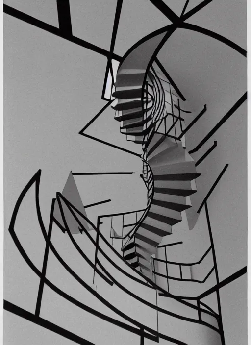Prompt: an axonometric view of a spiral staircase by theo van doesburg