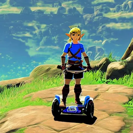 Image similar to Link riding a Segway in The Legend of Zelda Breath of the Wild