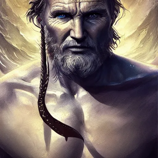 Image similar to poseidon, liam neeson, god of the ocean, d & d, fantasy, portrait, highly detailed, digital painting, trending on artstation, concept art, sharp focus, illustration, art by artgerm and greg rutkowski and magali villeneuve