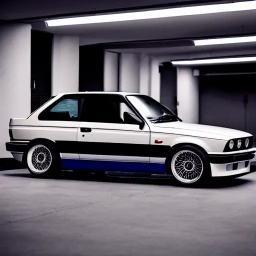 Image similar to a modified bmw e 3 0 with lights on in a futuristic neon parking garage, 3 5 mm photography, car photography, clean lines, realistic