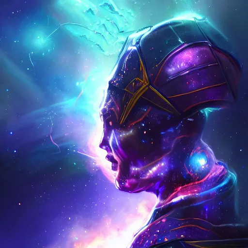 Image similar to photorealistic fantasy cosmic concept art of a cosmic nebula God in dark matter armor hovering in a unknown galaxy, fully body portrait, cinematic, dynamic lighting, ultra detailed, creative, trending on art station