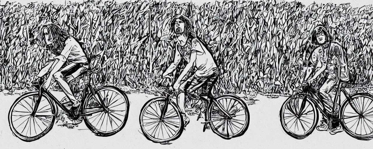 Image similar to beautiful detailed comic illustration of Kurt Cobain on a bicycle on a bicycle, colored