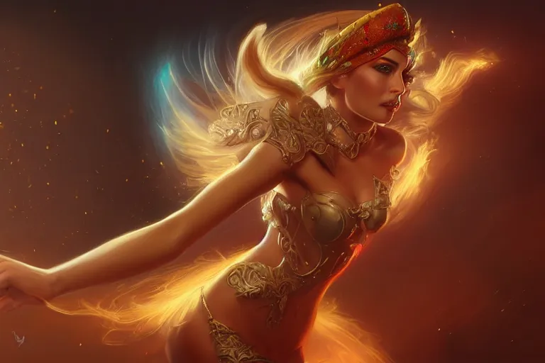 Image similar to Magician, female, fantasy, bangles, explosion, dramatic, intricate, elegant, highly detailed, digital painting, artstation, concept art, smooth, sharp focus, illustration, art by Boris Vallejo, octane render