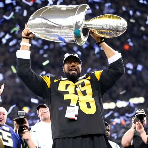 Prompt: Coach Tomlin lifting the Lombardi Trophy triumphantly after winning the SuperBowl