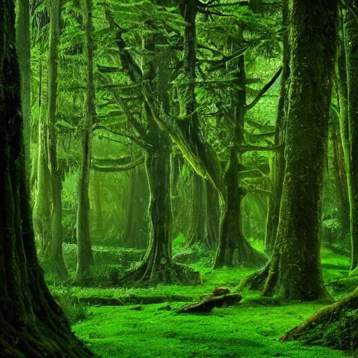 Image similar to the wood between the worlds, narnia, a forest filled with pools of water, lush green forest, moss,