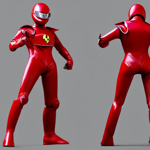 Image similar to Tokusatsu character based on Ferrari, red mechanical skinny body, chest plate with Ferrari logo, stylized motorcycle helmet, full body, unreal engine, 3D model